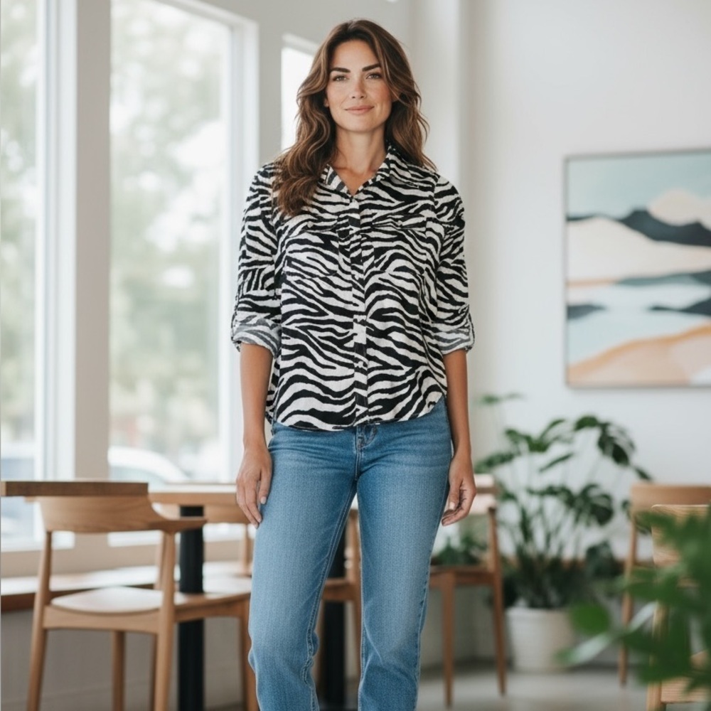 Lauren Ralph Lauren Black and White Zebra Button Down Shirt - Picture 6 of 6